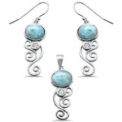 Oval Natural Larimar & Cz .925 Sterling Silver Pendant & Earring Set
