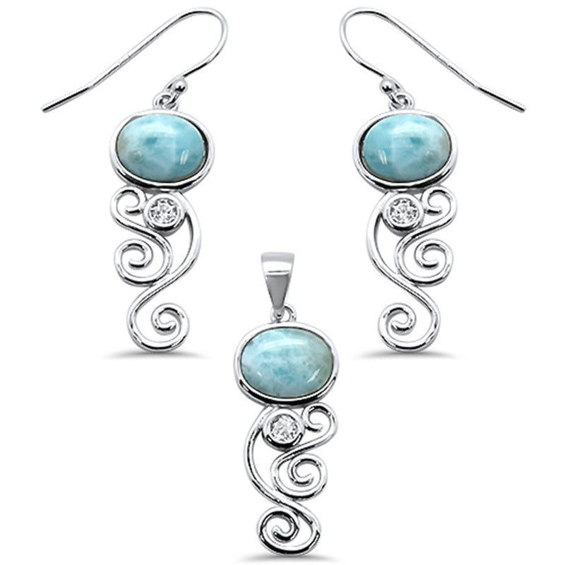 Oval Natural Larimar & Cz .925 Sterling Silver Pendant & Earring Set