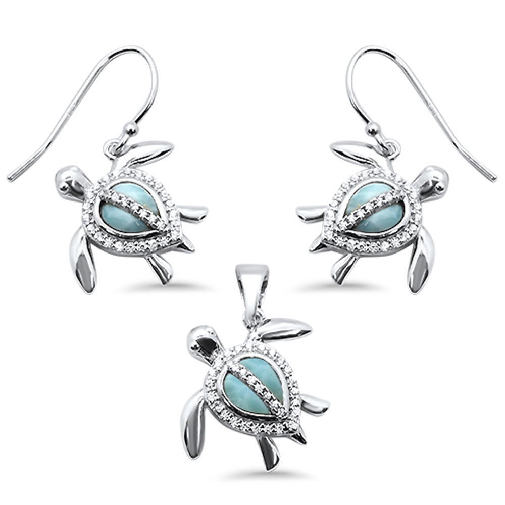 Natural Larimar & Cubic Zirconia Turtle .925 Sterling Silver Pendant & Earrings Set
