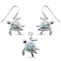 Natural Larimar & Cubic Zirconia Turtle .925 Sterling Silver Pendant & Earrings Set