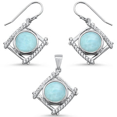 Natural Larimar & Cubic Zirconia .925 Sterling Silver Pendant & Earring Set
