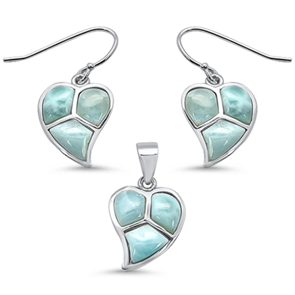 Natural Larimar Leaf .925 Sterling Silver Pendant & Earring Set