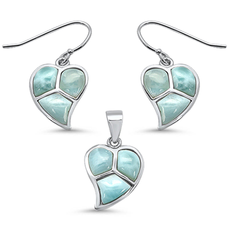 Natural Larimar Leaf .925 Sterling Silver Pendant & Earring Set