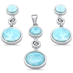 Round Natural Larimar & Swirl Dangling .925 Steling Silver Pendant & Earrings Set