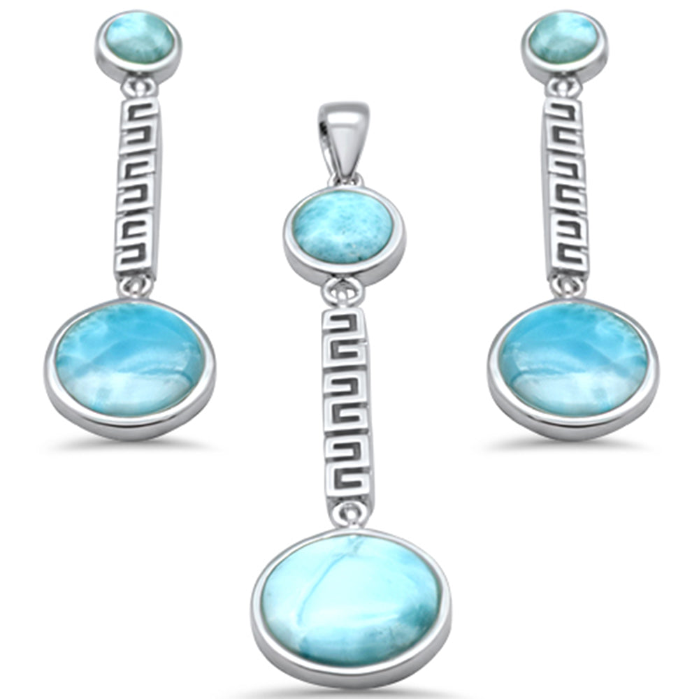 Round Natural Larimar Dangling Greek Design .925 Sterling Silver Pendant & Earrings Set