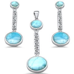 Round Natural Larimar Dangling Greek Design .925 Sterling Silver Pendant & Earrings Set