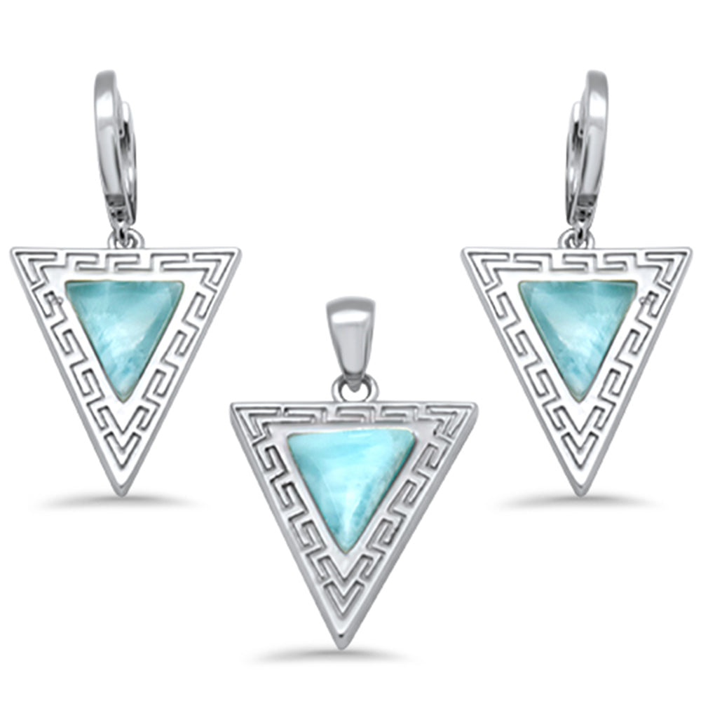 Triangle Shape Natural Larimar Greek Design .925 Sterling Silver Pendant & Earrings Set