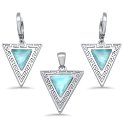 Triangle Shape Natural Larimar Greek Design .925 Sterling Silver Pendant & Earrings Set