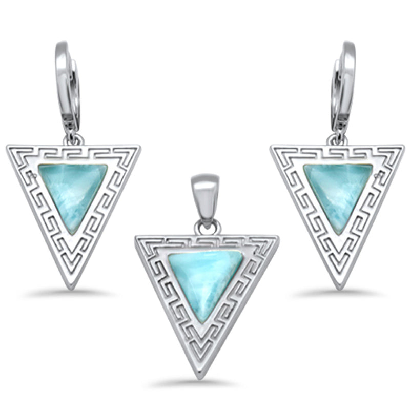 Triangle Shape Natural Larimar Greek Design .925 Sterling Silver Pendant & Earrings Set
