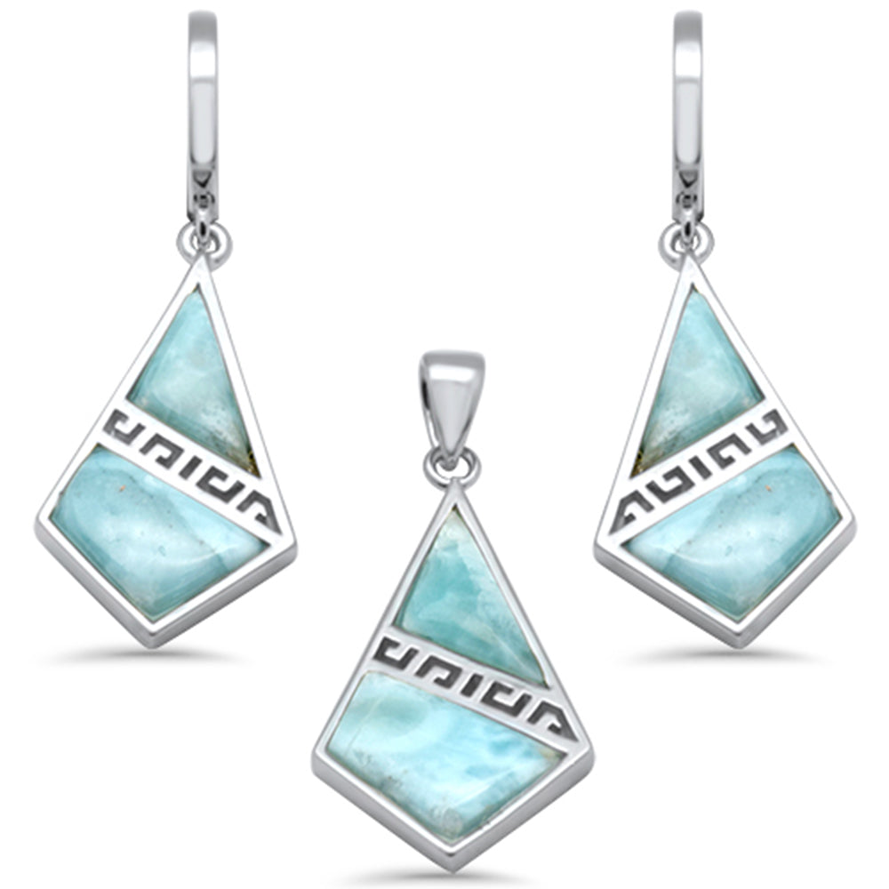 Natural Larimar Dangling .925 Sterling Silver Pendant & Earrings Set