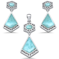 Natural Larimar Greek Design .925 Sterling Silver Pendant & Earrings Set