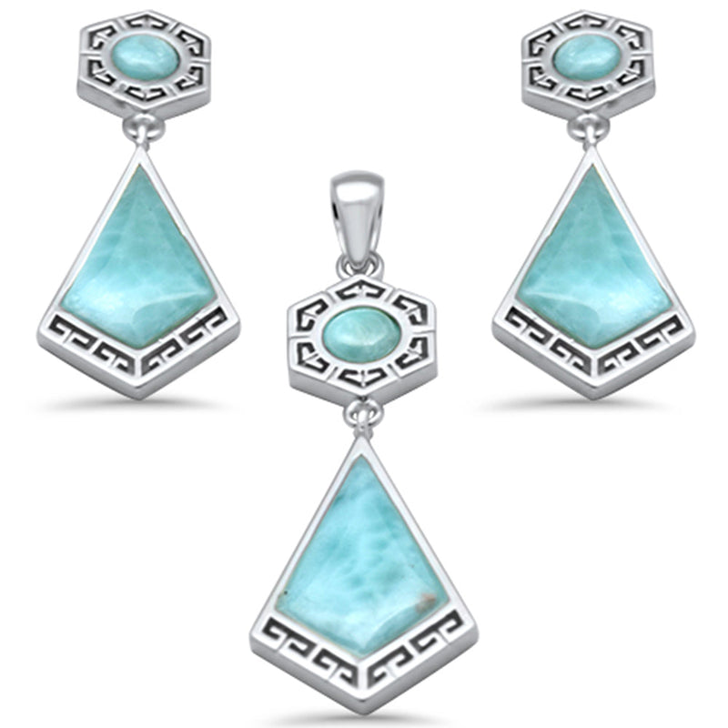 Natural Larimar Greek Design .925 Sterling Silver Pendant & Earrings Set