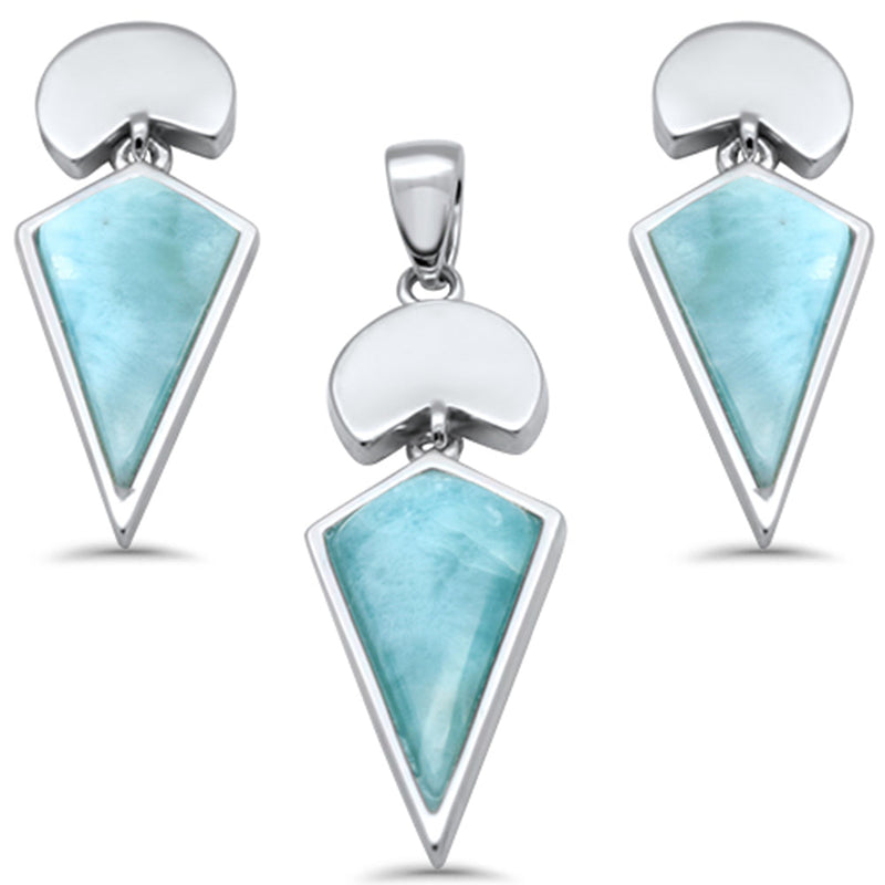 Natural Larimar Dangling .925 Sterling Silver Pendant & Earring Set