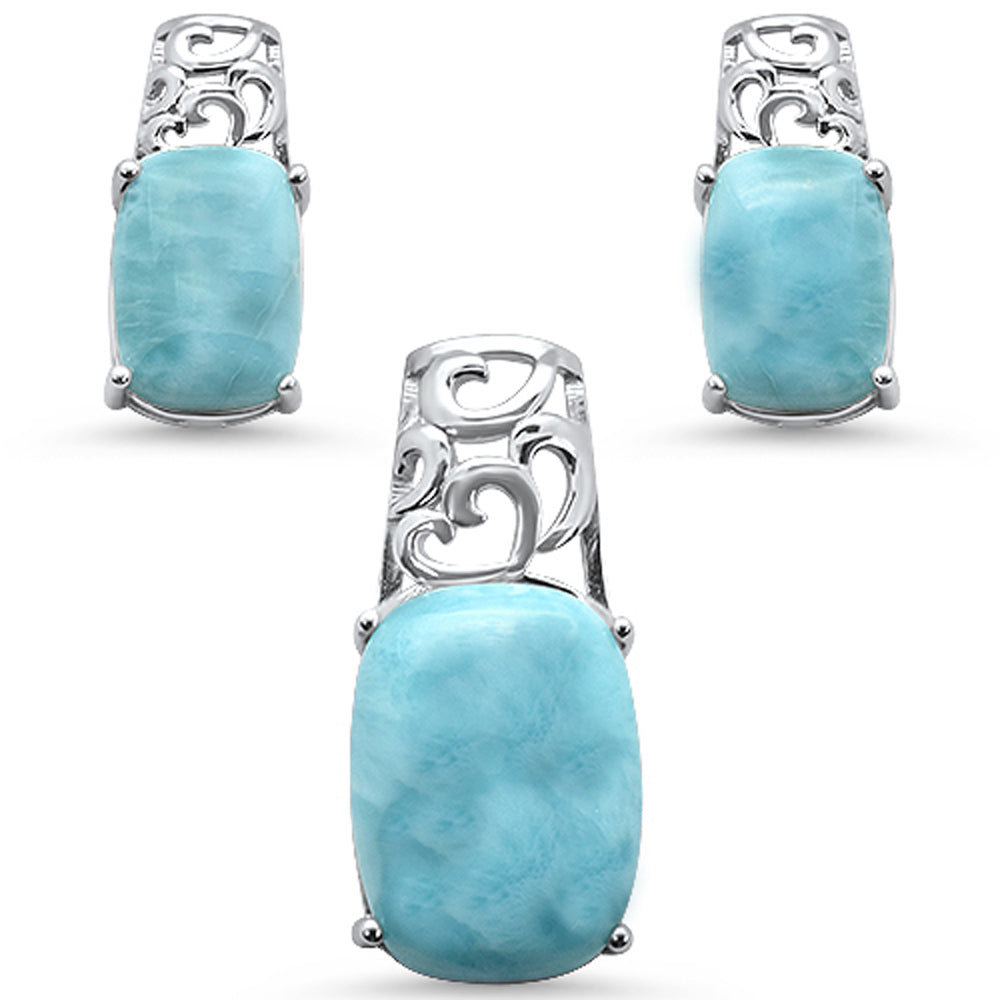 Cushion Cut Natural Larimar .925 Sterling Silver Pendant & Earrings Set