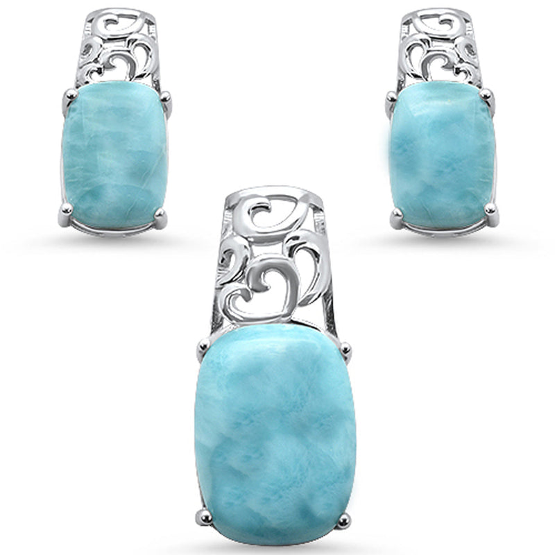 Cushion Cut Natural Larimar .925 Sterling Silver Pendant & Earrings Set