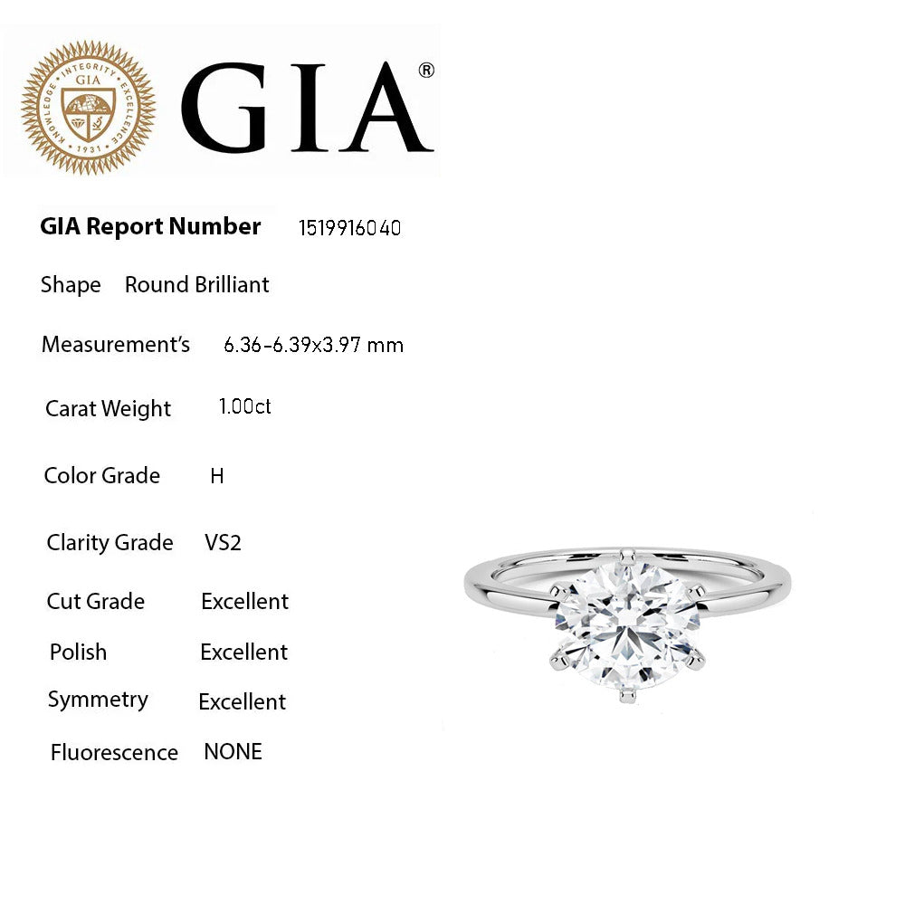 SPECIAL! 1.00ct H-VS2 GIA CERTIFIED 14K White Gold Round Diamond Solitaire Ring Size 6