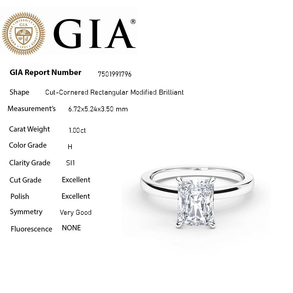 SPECIAL! 1.00ct H-SI1 GIA CERTIFIED 14K White Gold Radiant Cut Diamond Solitaire Ring Band Size 6