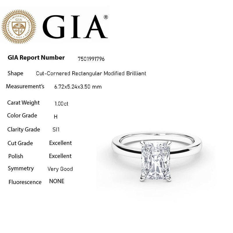 SPECIAL! 1.00ct H-SI1 GIA CERTIFIED 14K White Gold Radiant Cut Diamond Solitaire Ring Band Size 6