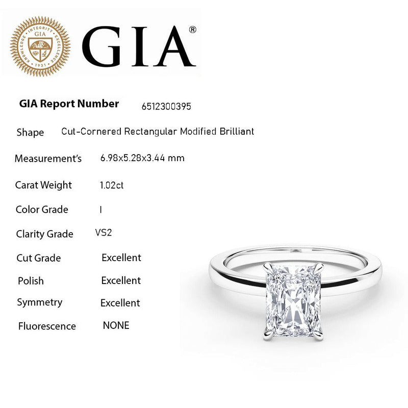 SPECIAL! 1.02ct I-VS2 GIA CERTIFIED 14K White Gold Radiant Cut Diamond Solitaire Ring Band Size 6