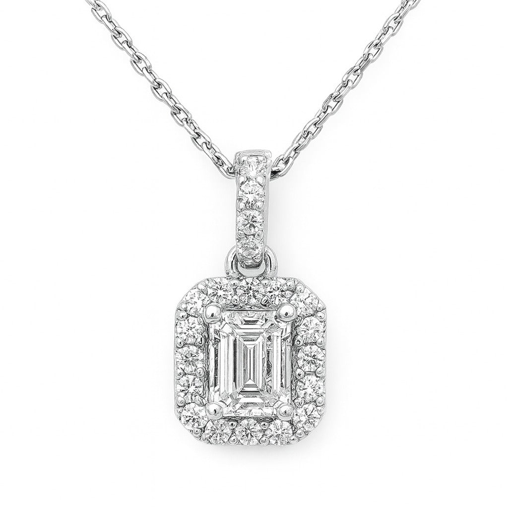 SPECIAL!.39ct G SI 14K White Gold Emerald Cut Diamond Halo Solitaire Pendant 18" Long