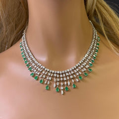 SPECIAL! 17.54ct G SI 14K White Gold Diamond & Natural Emerald Gemstones Pendant Necklace 16" Long