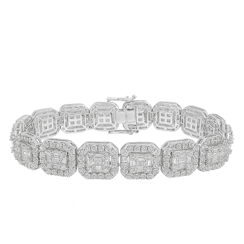 DIAMOND  CLOSEOUT!  12mm 15.16ct G SI 14K White Gold Round & Baguette Diamond Bracelet 8"