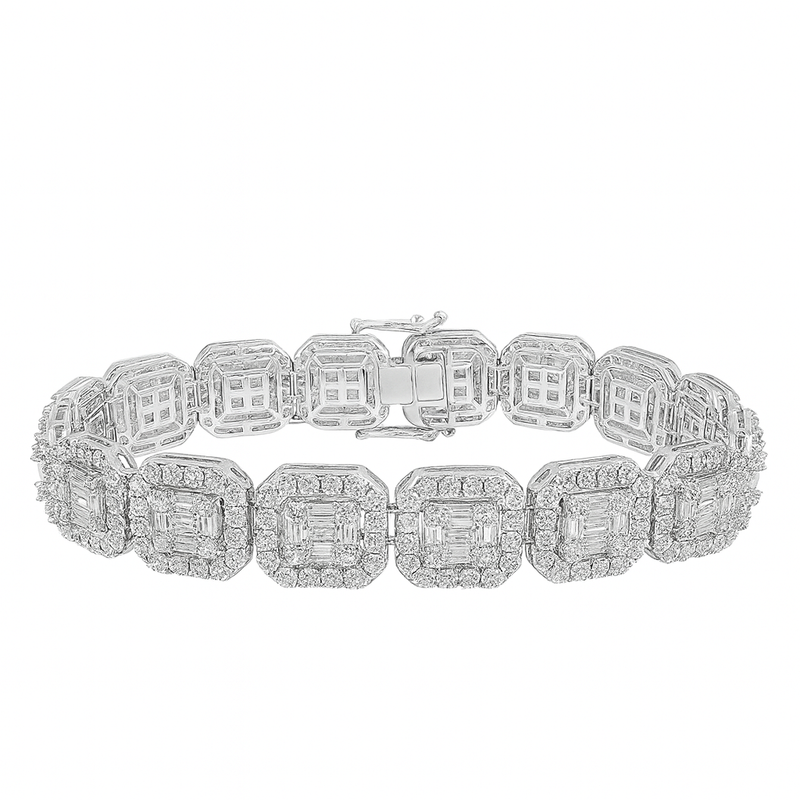 DIAMOND  CLOSEOUT!  12mm 15.16ct G SI 14K White Gold Round & Baguette Diamond Bracelet 8"