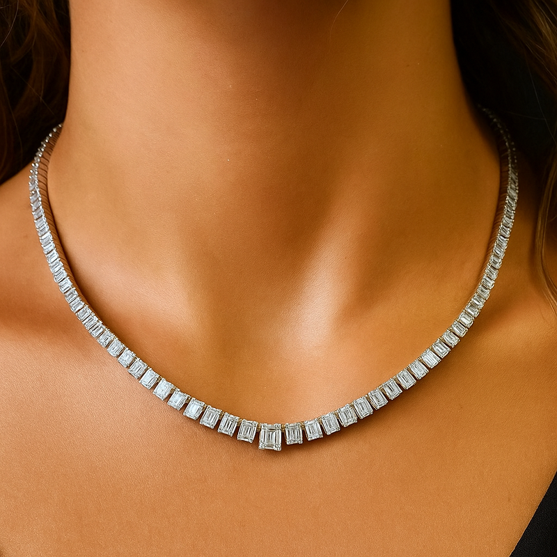 SPECIAL! 10.23ct G SI 14K White Gold Emerald Cut Diamond Graduated Tennis Necklace 16" Long