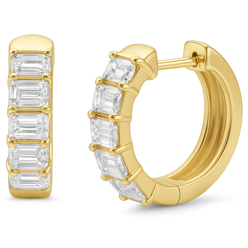 SPECIAL!1.94ct G SI 14K Yellow Gold Emerald Cut Diamond Earrings Hoop Huggie