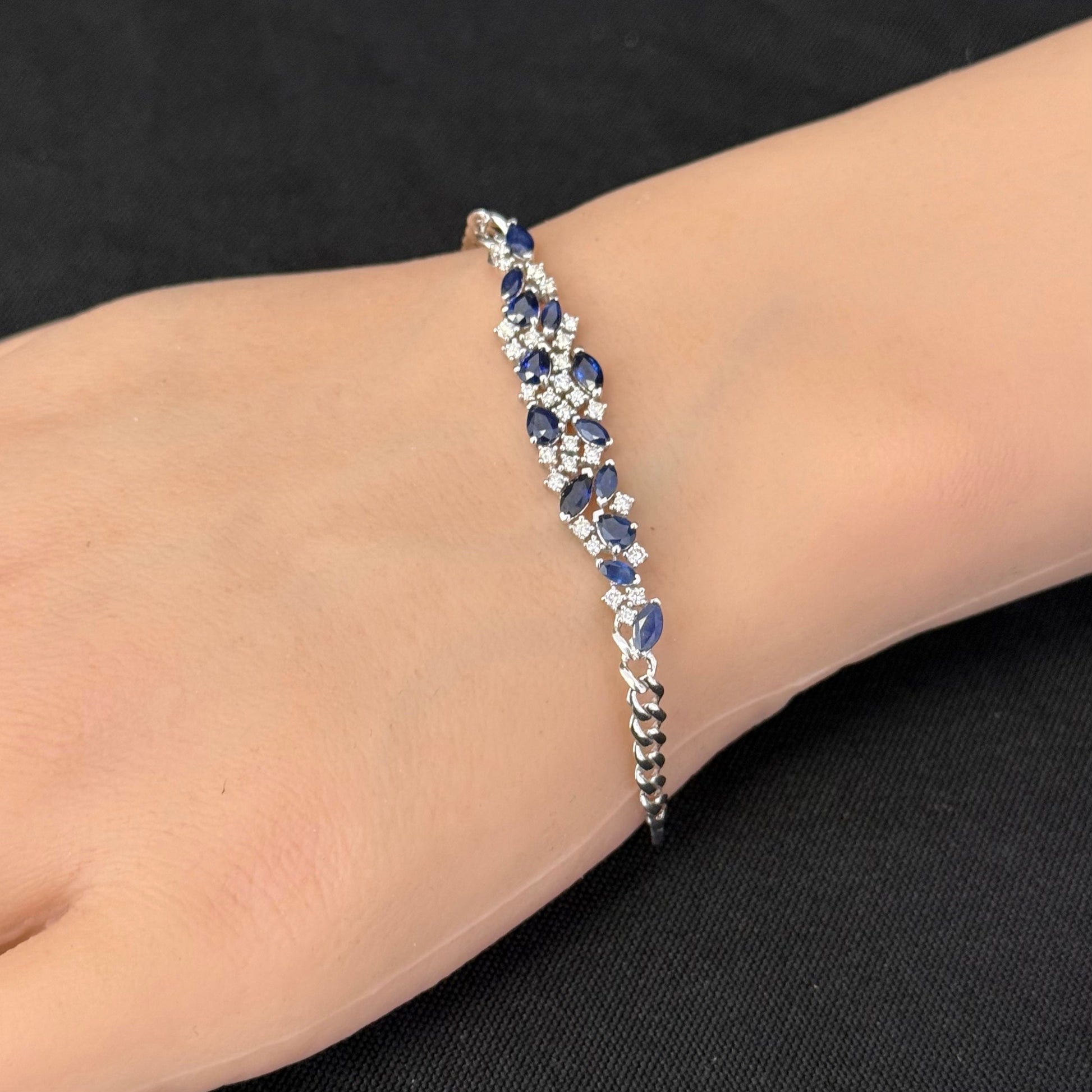 SPECIAL! 2.39ct G SI 14K White Gold Diamond Pear & Marquise Blue Sapphire Cuban Bracelet 7" Long