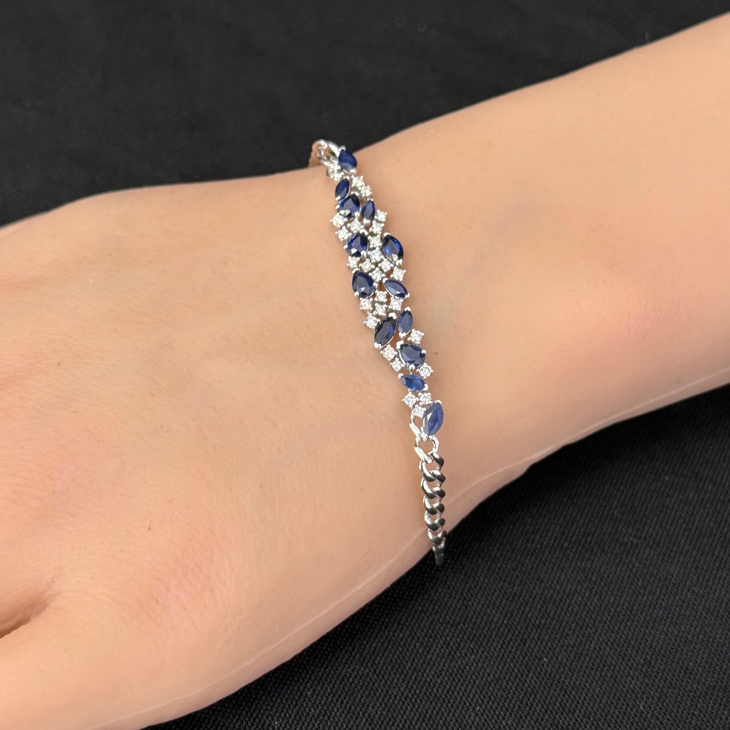 SPECIAL! 2.39ct G SI 14K White Gold Diamond Pear & Marquise Blue Sapphire Cuban Bracelet 7" Long