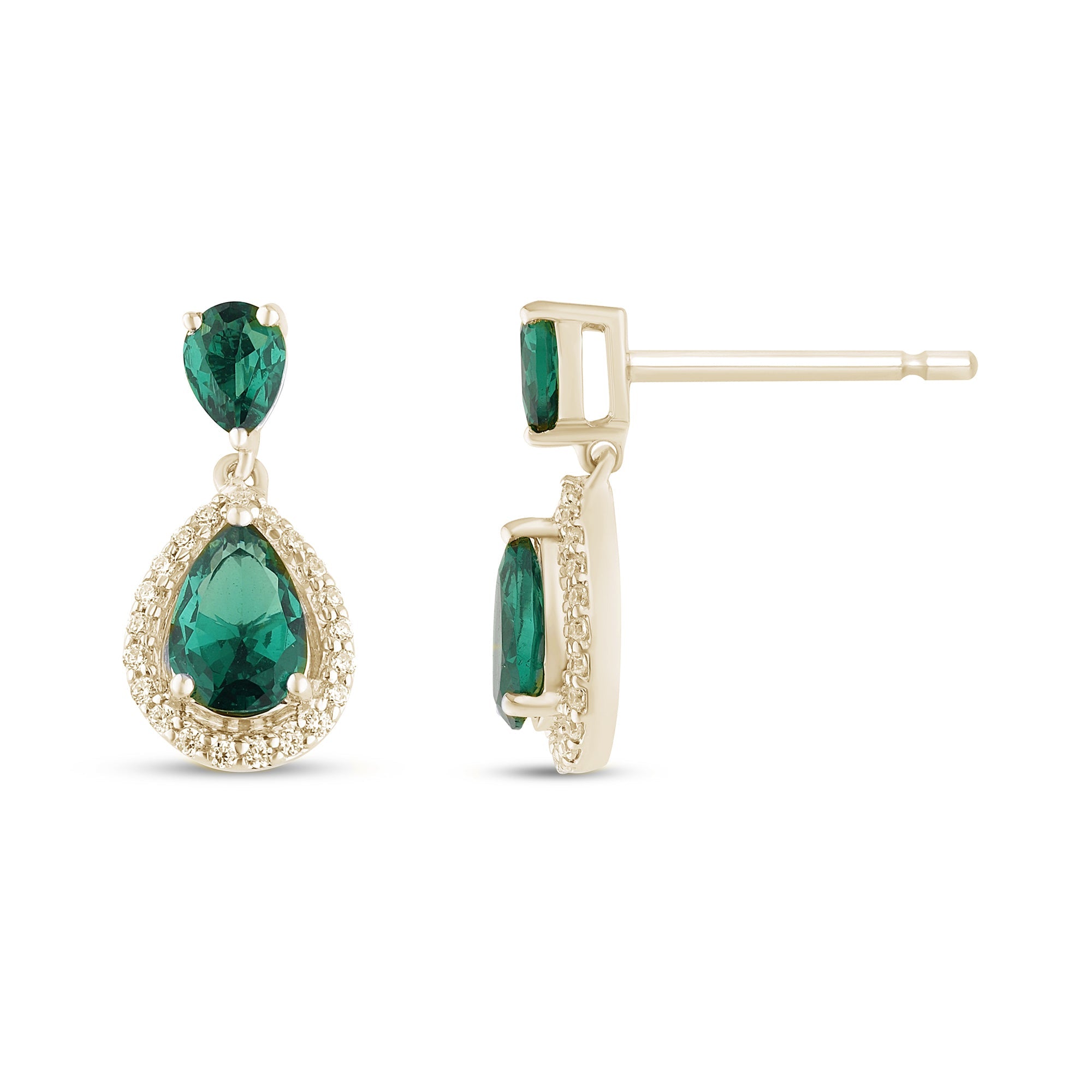 SPECIAL! 1.12ct G SI 14K Yellow Gold Diamond Pear Shape & Emerald Gemstones Dangling Earrings