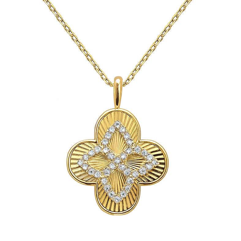 SPECIAL!.25ct G SI 14kt Yellow Gold Diamond Clover Shape Disc Medallion Pendant Necklace 18" Long