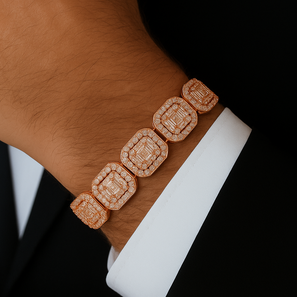 DIAMOND CLOSEOUT!  12mm 15.50ct G SI 14K Rose Gold Round & Baguette Diamond Bracelet 8.5"