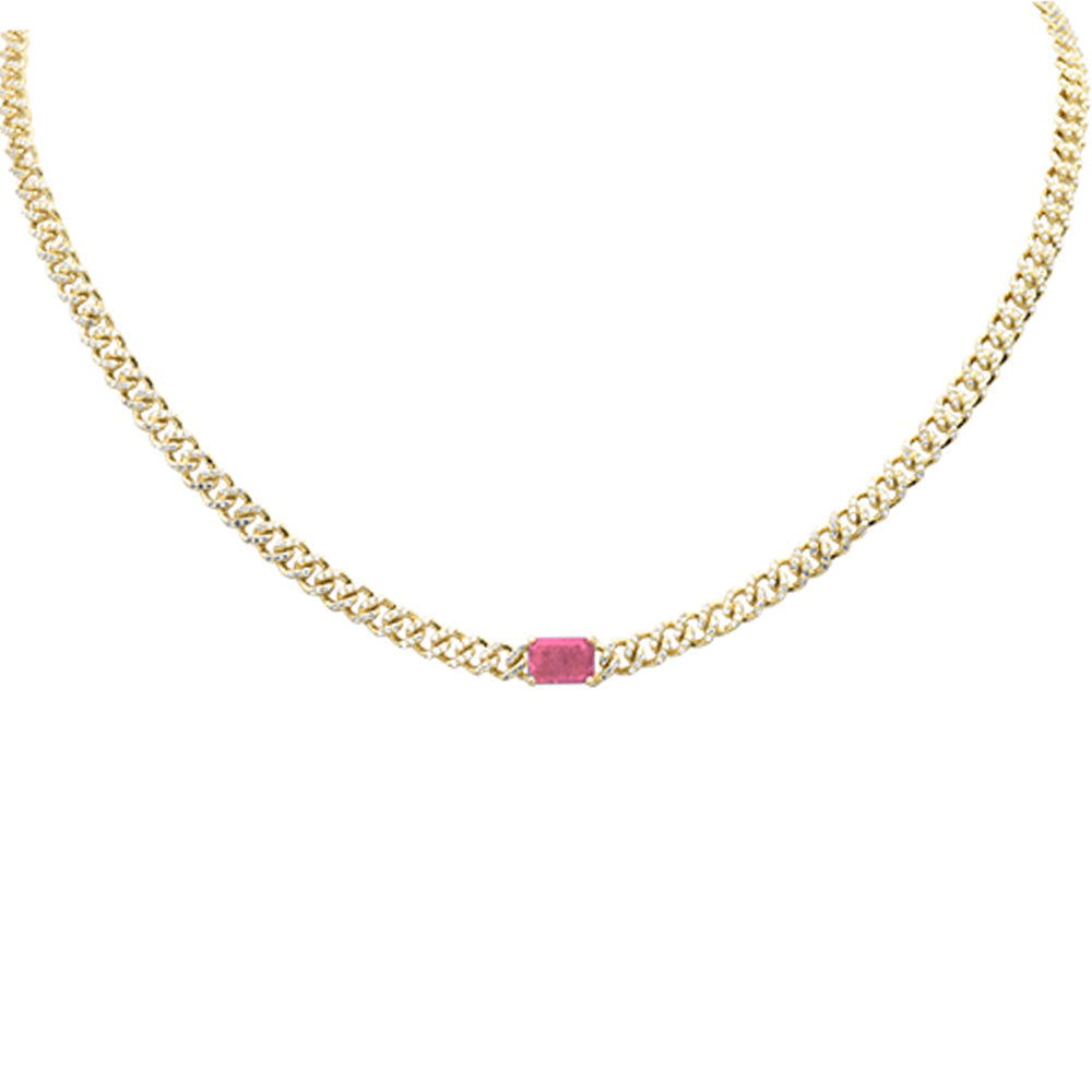 SPECIAL! 2.45G SI 14K Yellow Gold Diamond & Pink Tourmaline Gemstone Cuban Chain Pendant Necklace 16" Long