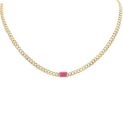 SPECIAL! 2.45G SI 14K Yellow Gold Diamond & Pink Tourmaline Gemstone Cuban Chain Pendant Necklace 16" Long