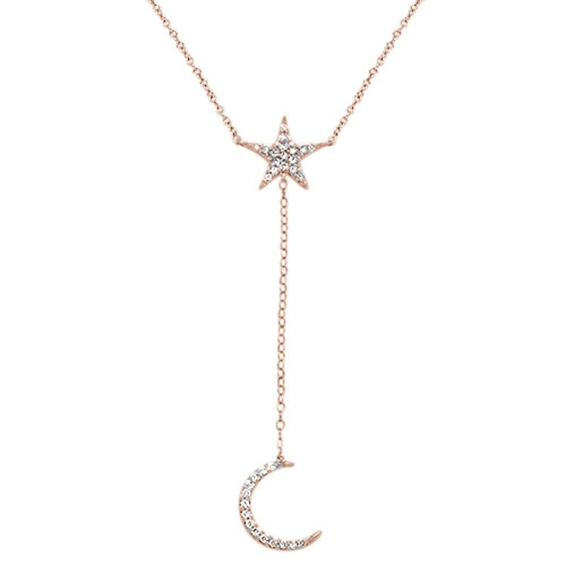 DIAMOND CLOSEOUT! .20cts 14kt Rose Gold Diamond Moon Star Lariat Drop Pendant Necklace 18"