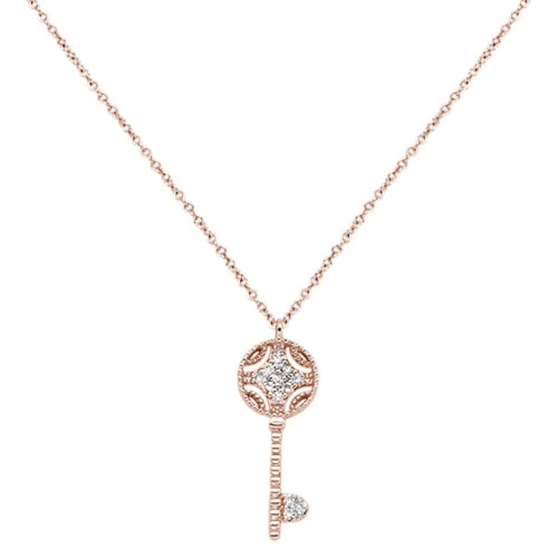 DIAMOND CLOSEOUT! .08cts 14kt Rose Gold Round Diamond Key Pendant Necklace 18" Long